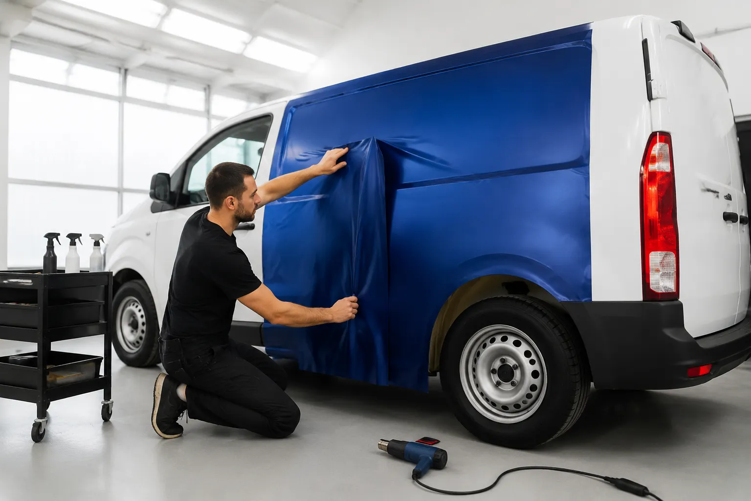 Homme en train d'installer une housse de protection sur un véhicule utilitaire bleu.