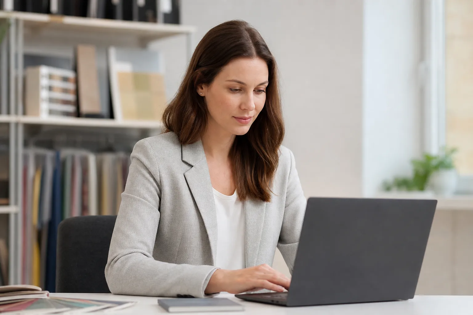 Femme d'affaires concentrée travaillant sur un ordinateur portable dans un bureau.