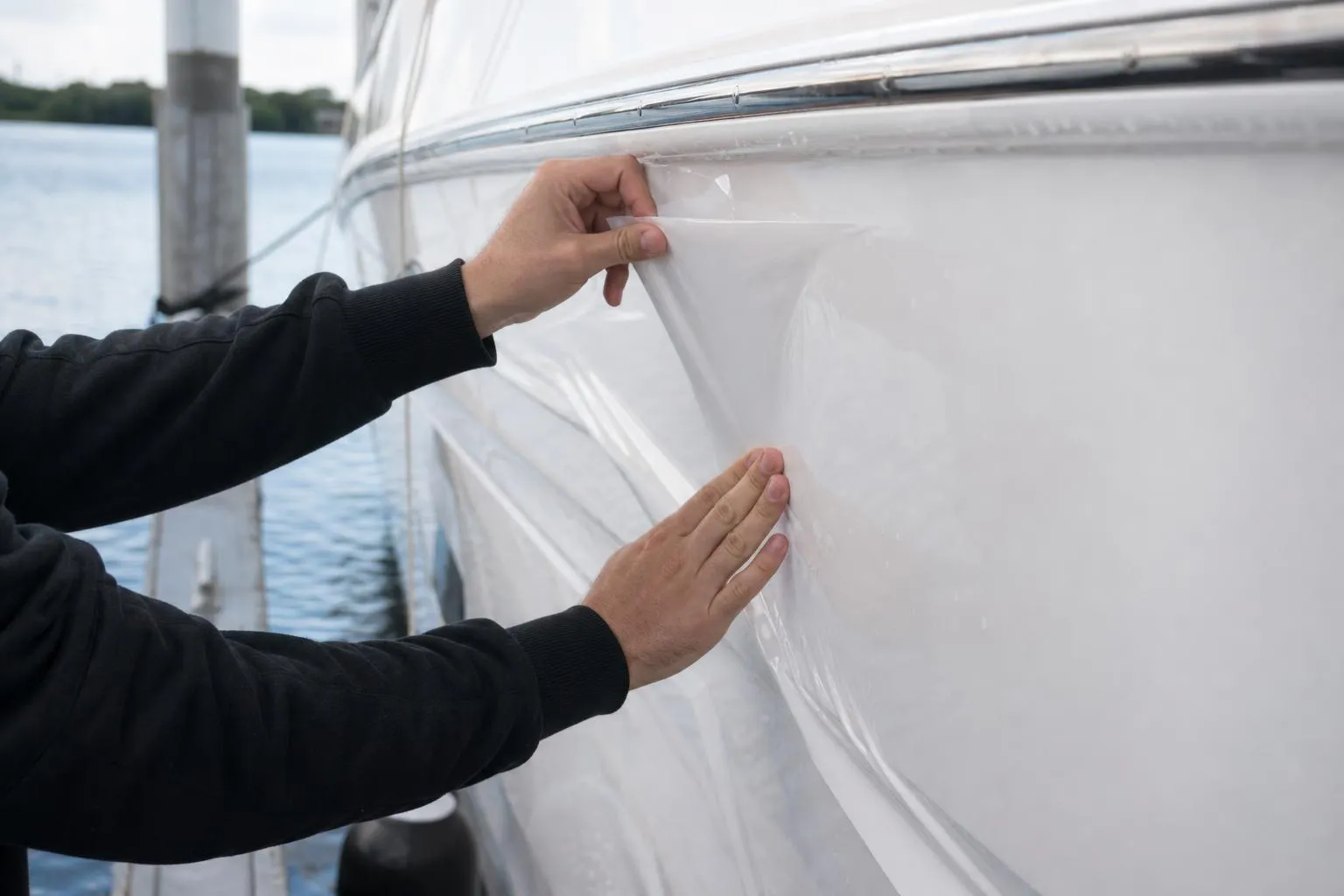Mains ajustant une bâche transparente sur un bateau.