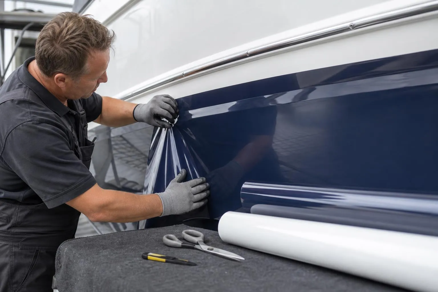 Homme appliquant un film de protection sur une surface bleue.