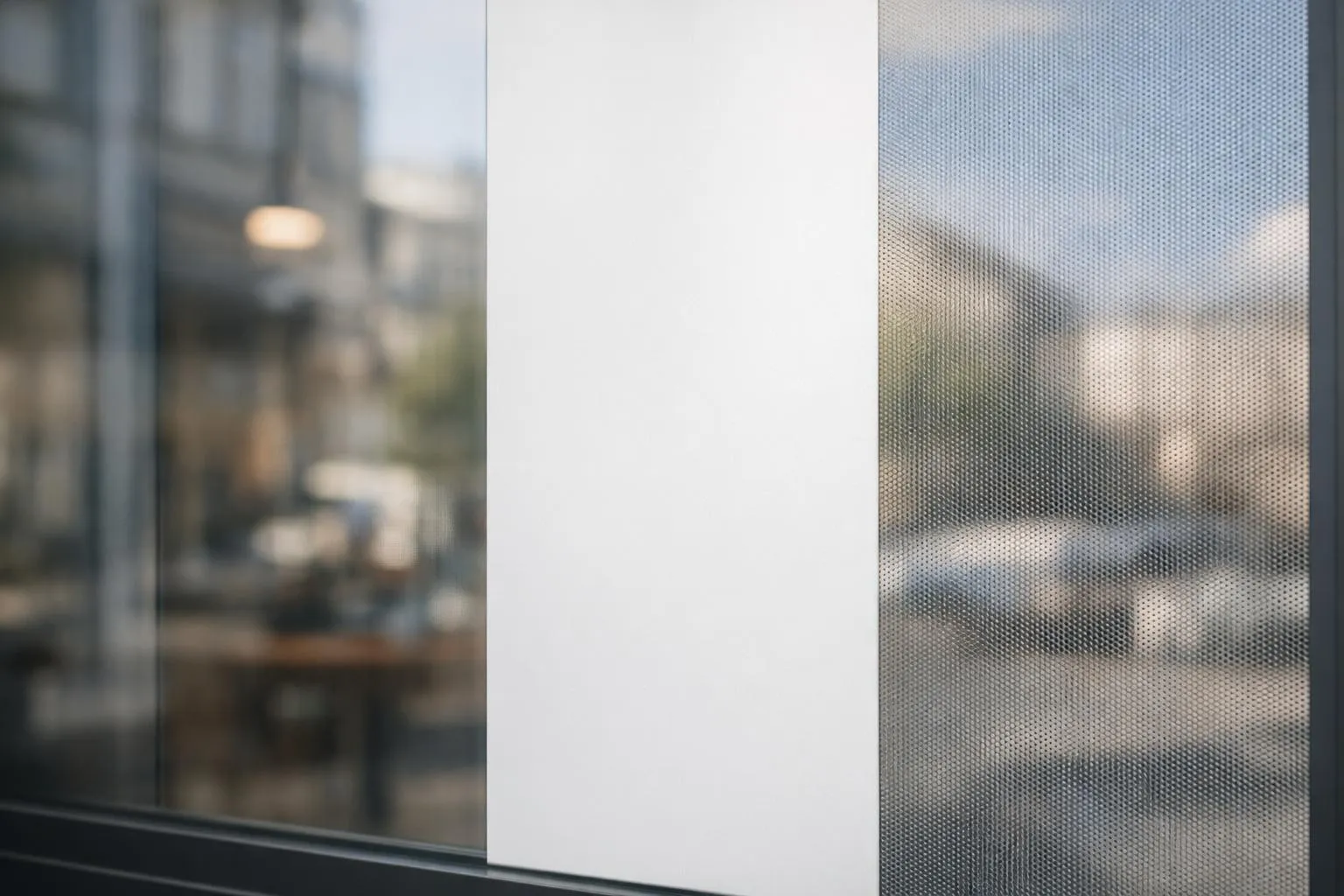 Fenêtres avec verre dépoli et reflets urbains flous.