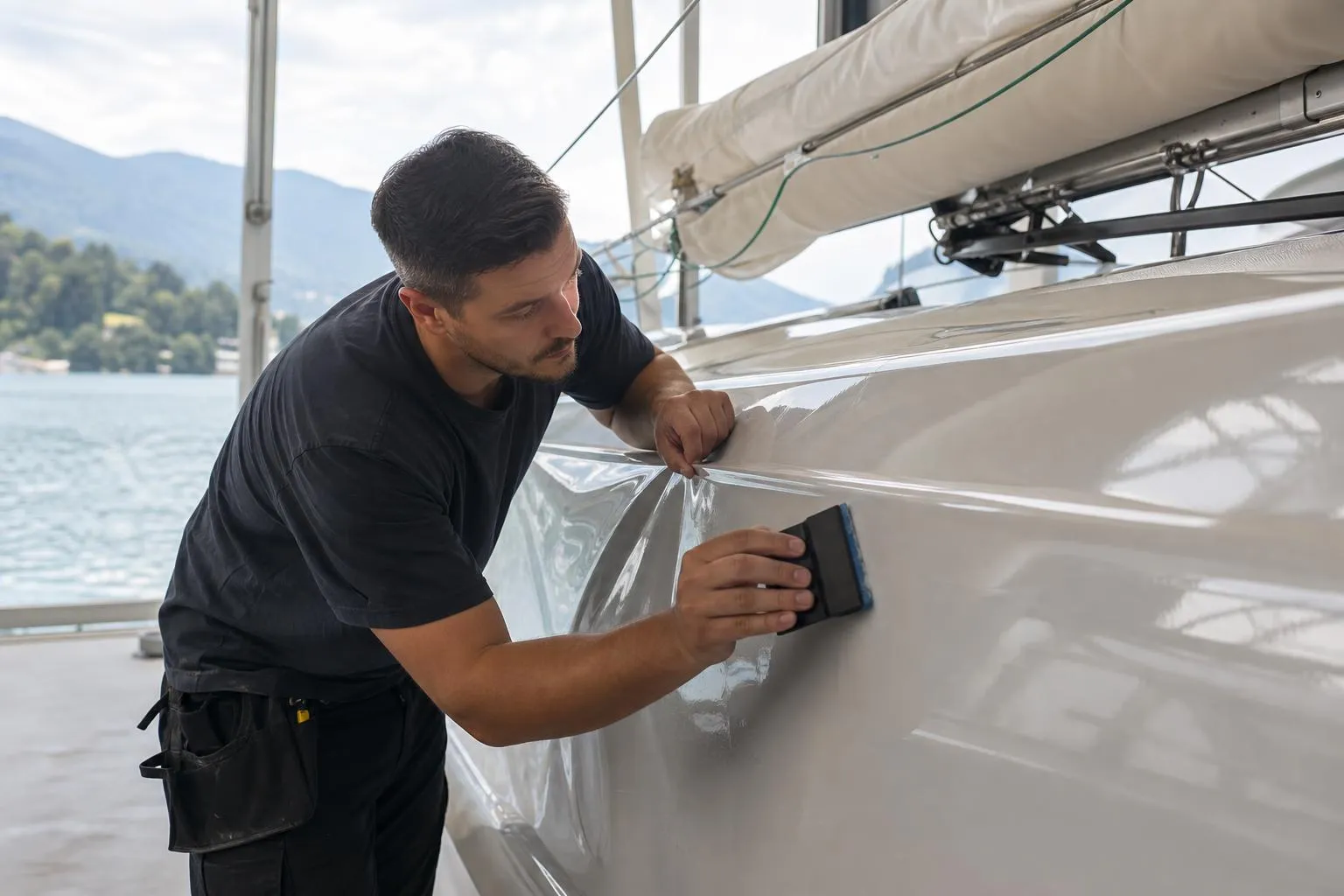 Un homme en uniforme noir effectue des réparations sur un bateau.