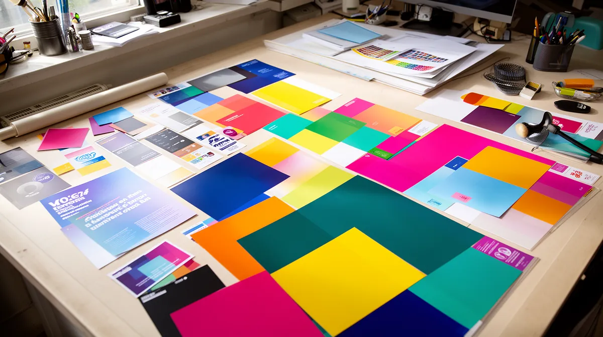 Bureau de travail coloré avec des échantillons de couleurs et des documents.