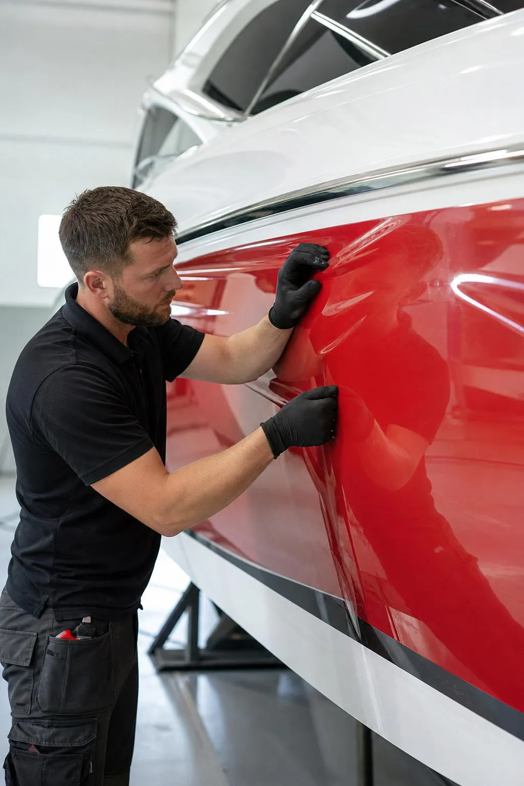 Homme en uniforme noir examinant attentivement la carrosserie d'un véhicule rouge.