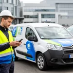 "Gestionnaire vérifiant signalétique véhicule dans une flotte automobile"
