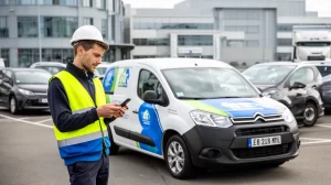 "Gestionnaire vérifiant signalétique véhicule dans une flotte automobile"