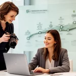 Femme souriante devant un ordinateur, avec une photographe professionnelle, représentant l'amélioration de l'image de marque