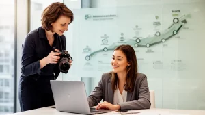 Femme souriante devant un ordinateur, avec une photographe professionnelle, représentant l'amélioration de l'image de marque