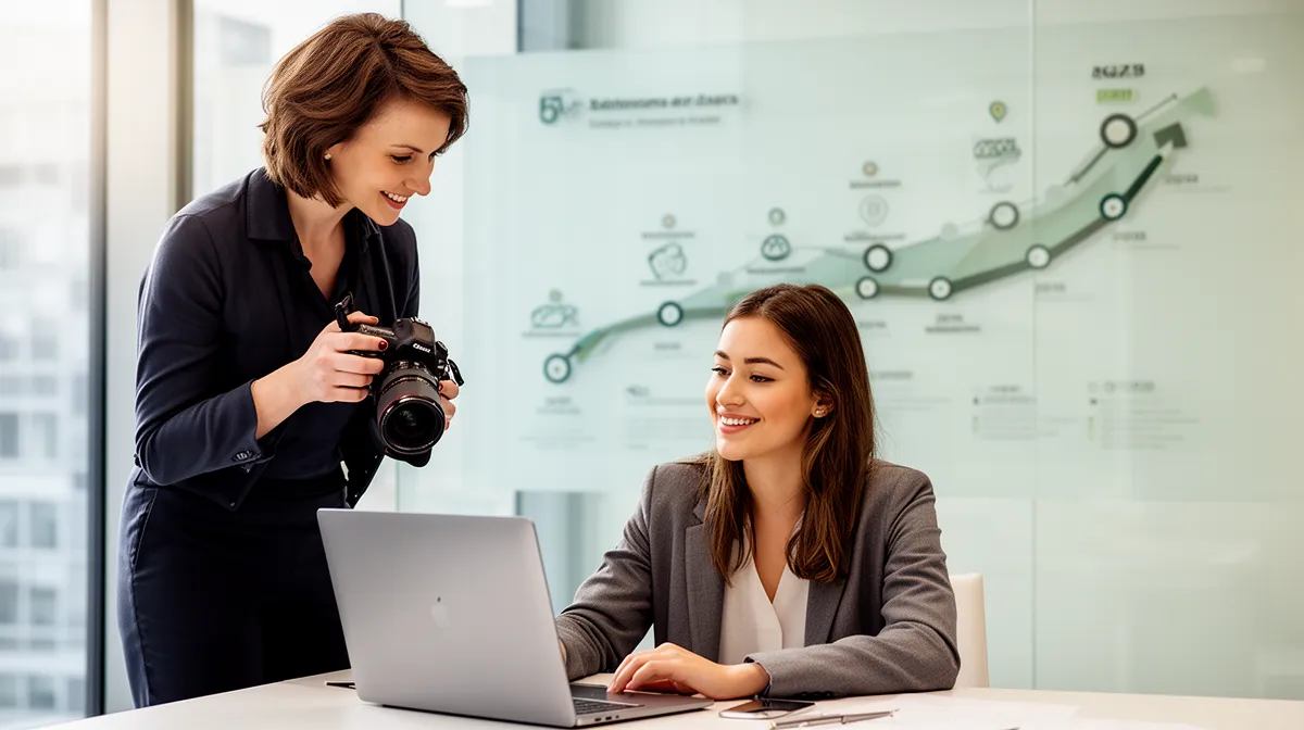Femme souriante devant un ordinateur, avec une photographe professionnelle, représentant l'amélioration de l'image de marque