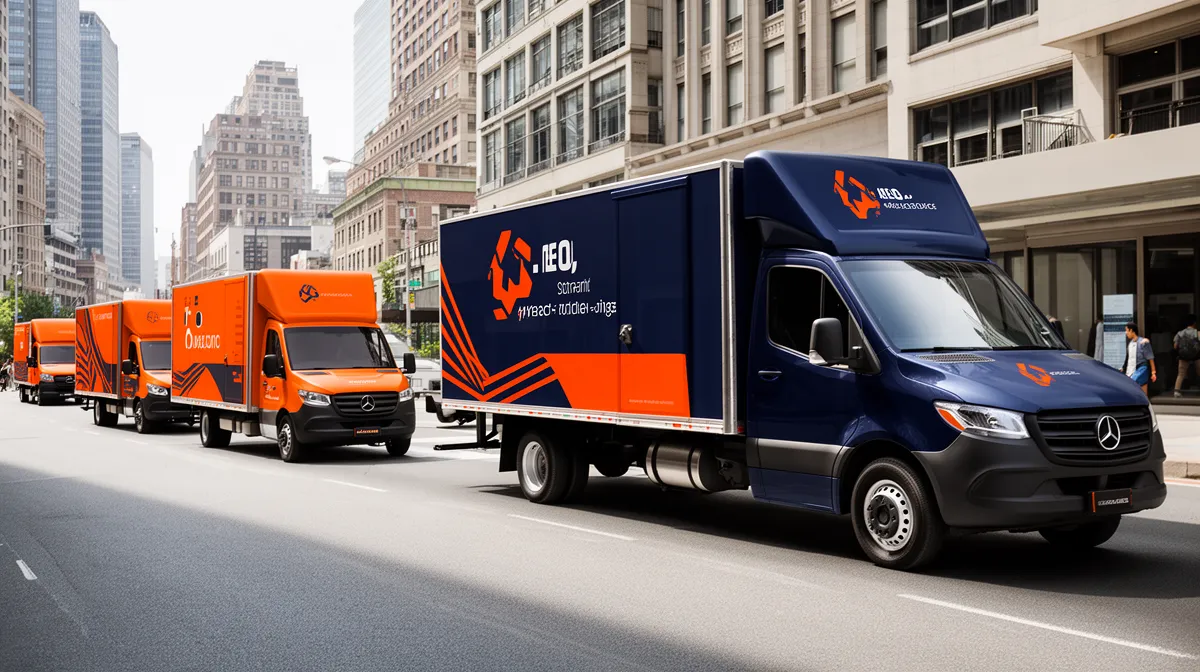 Camions de livraison de l'entreprise Geo dans une rue de ville.