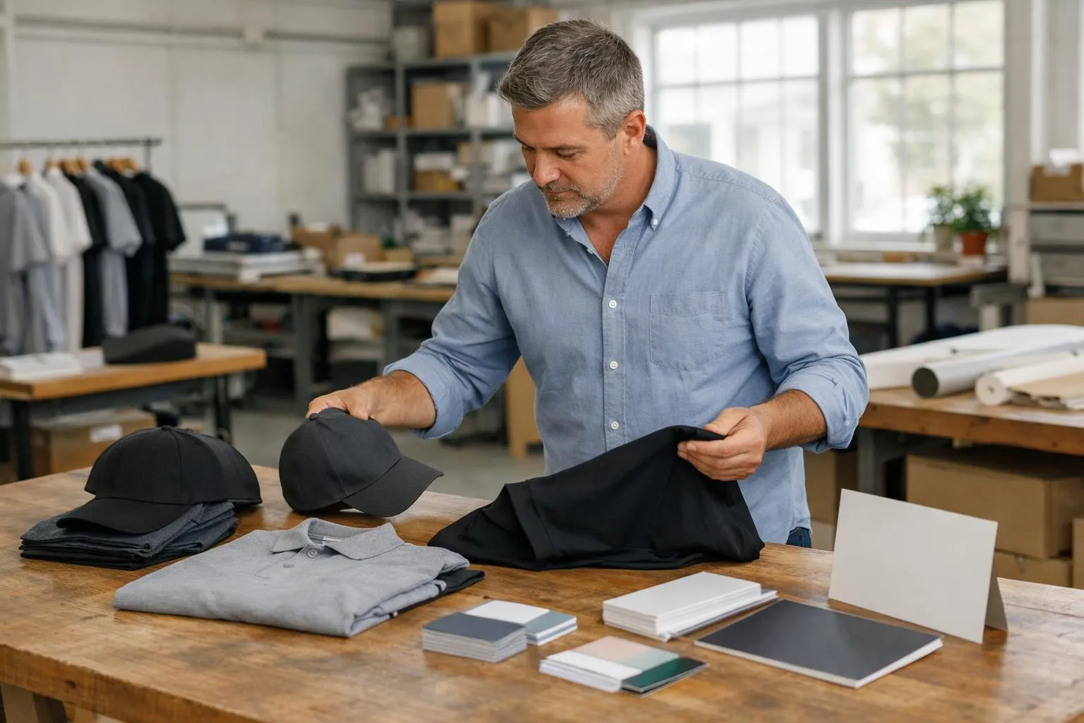 Homme d'affaires organisant des vêtements et des accessoires dans un atelier.