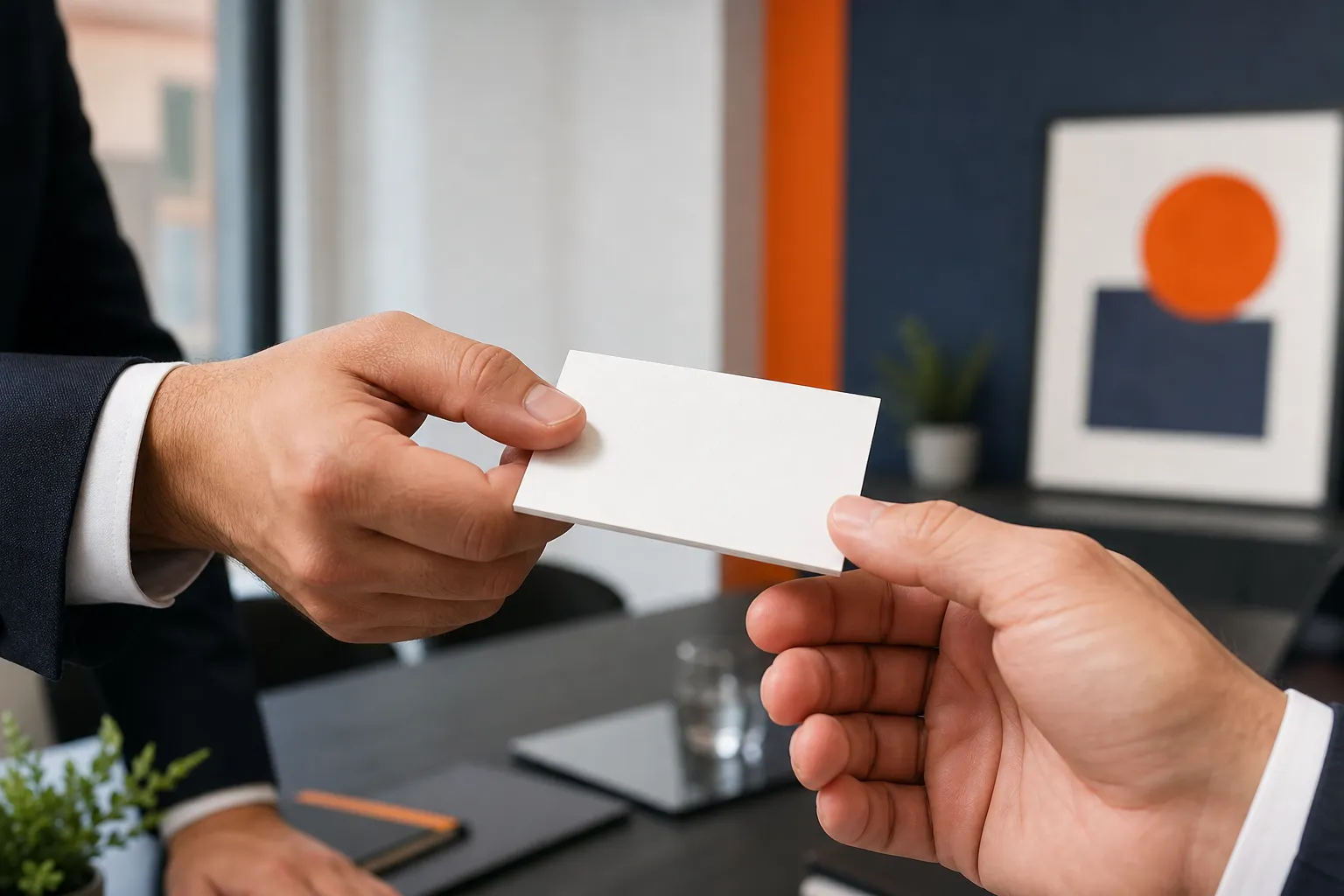 Échange de cartes de visite entre deux hommes d'affaires.