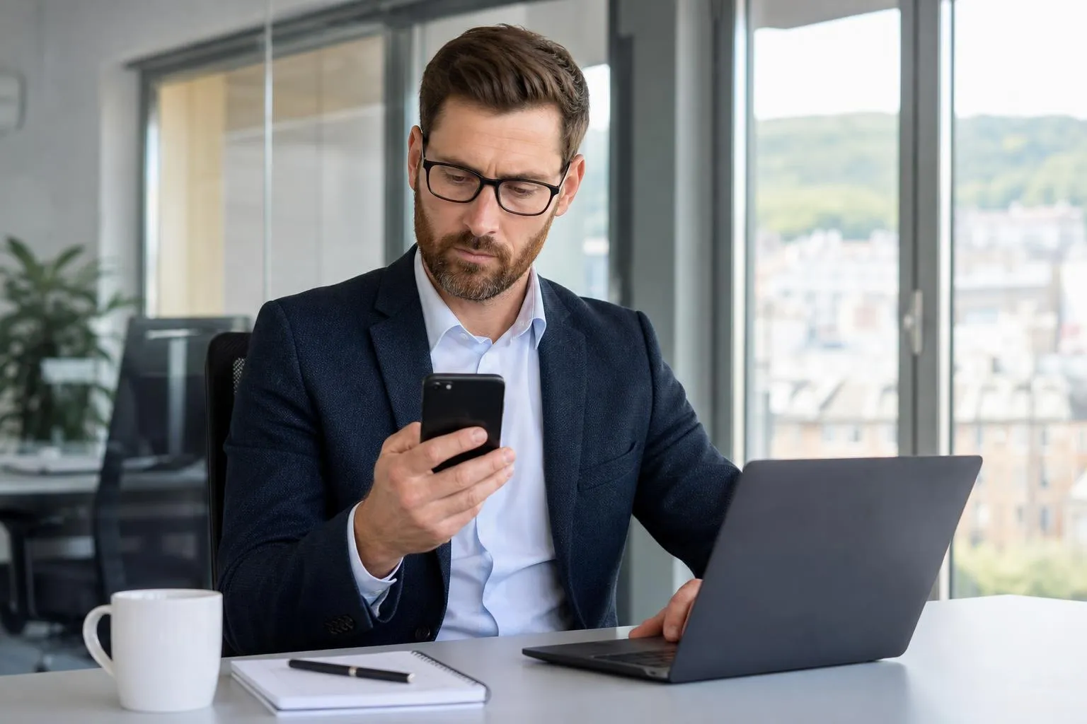 Homme d'affaires concentré utilisant un smartphone et un ordinateur portable.