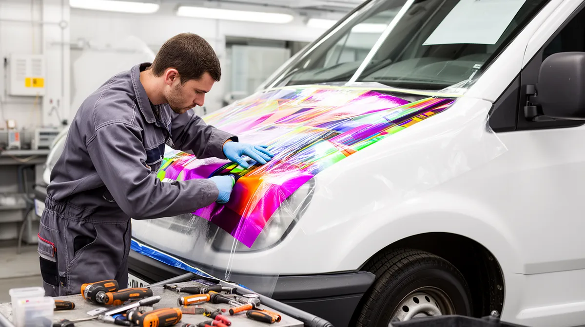Homme appliquant un revêtement coloré sur un véhicule dans un atelier automobile.