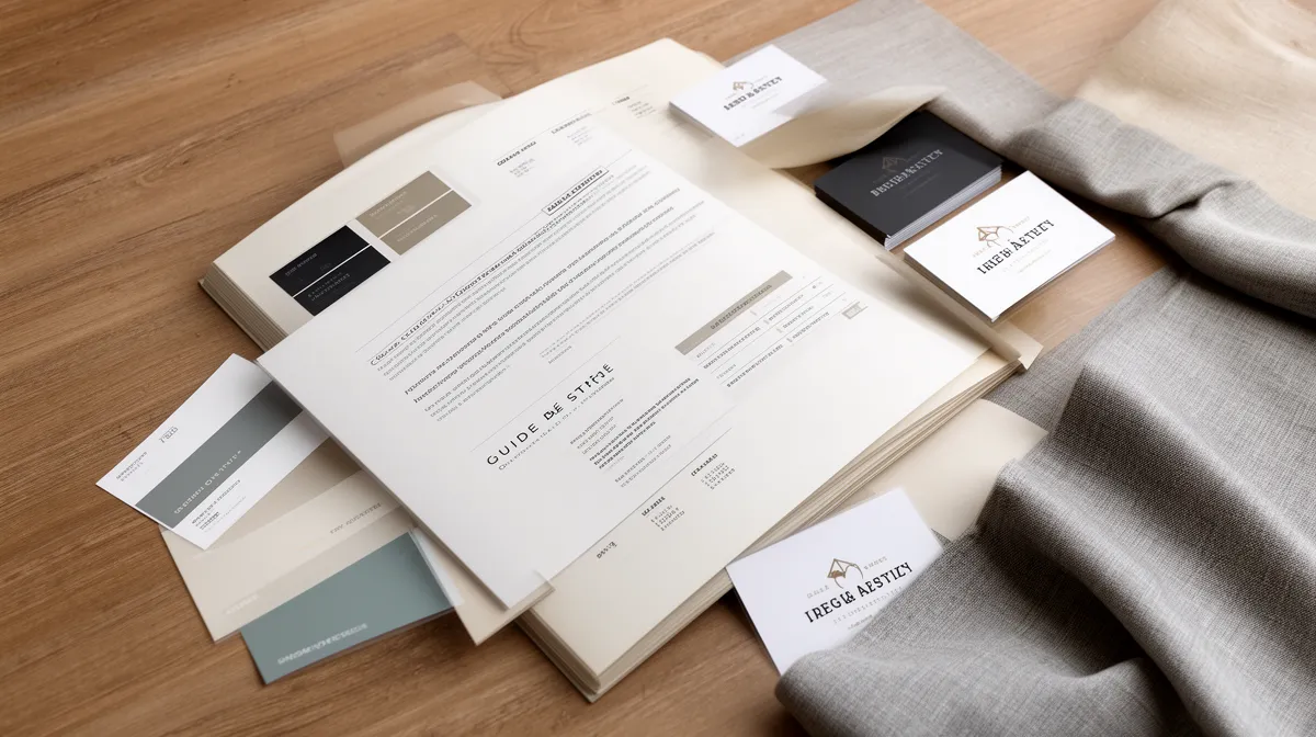 Documents, échantillons de couleurs et cartes de visite sur un bureau en bois.
