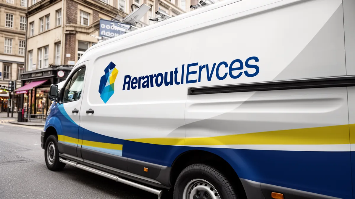 Camionnette blanche avec logo Aéroport Services en bleu et jaune.