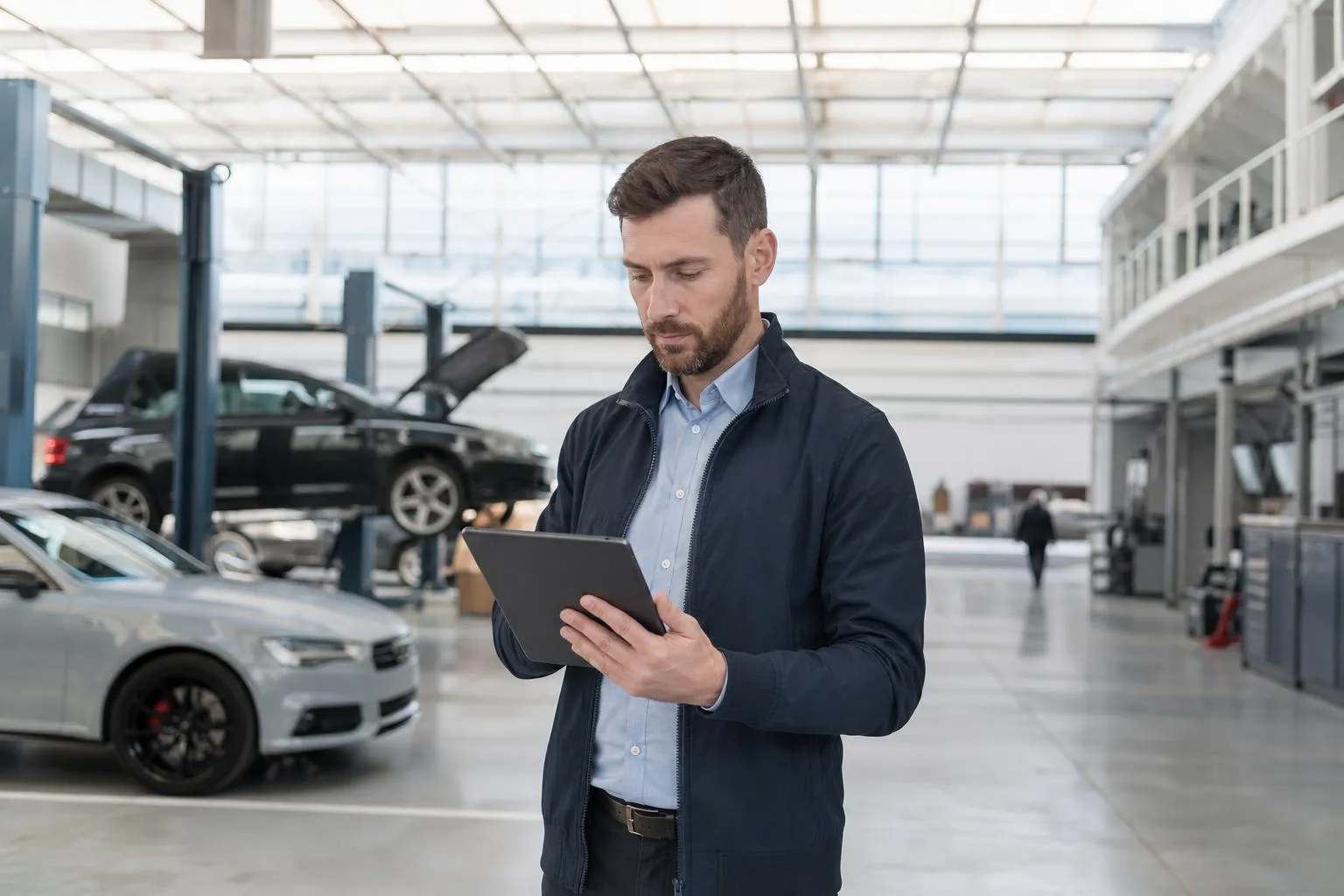 Un homme d'affaires utilise une tablette dans un showroom automobile.
