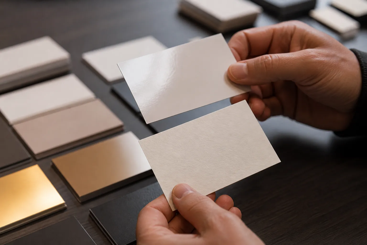 Mains tenant des cartes de visite blanches sur un bureau sombre.