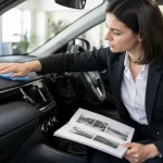 Femme d’affaires nettoie le tableau de bord d’un véhicule professionnel avec un chiffon en microfibre.