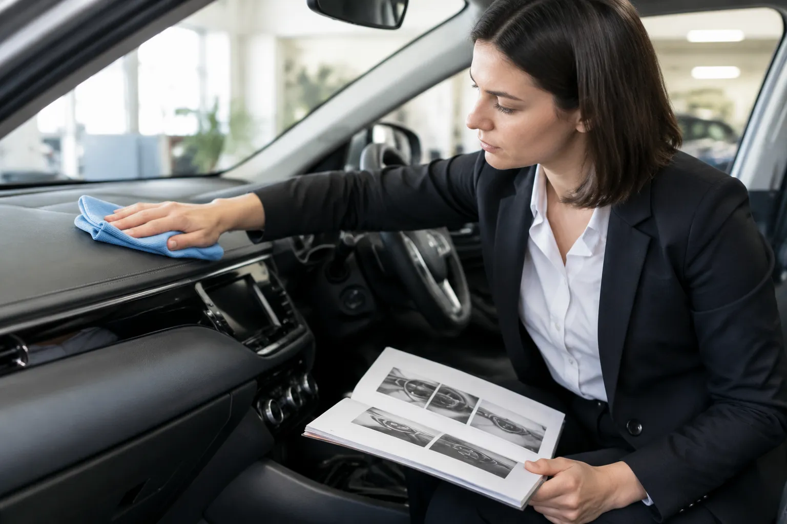 Femme d’affaires nettoie le tableau de bord d’un véhicule professionnel avec un chiffon en microfibre.