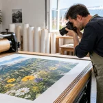 Photographe suisse photographiant un gros format imprimé sur papier FSC dans un atelier à lumière naturelle.