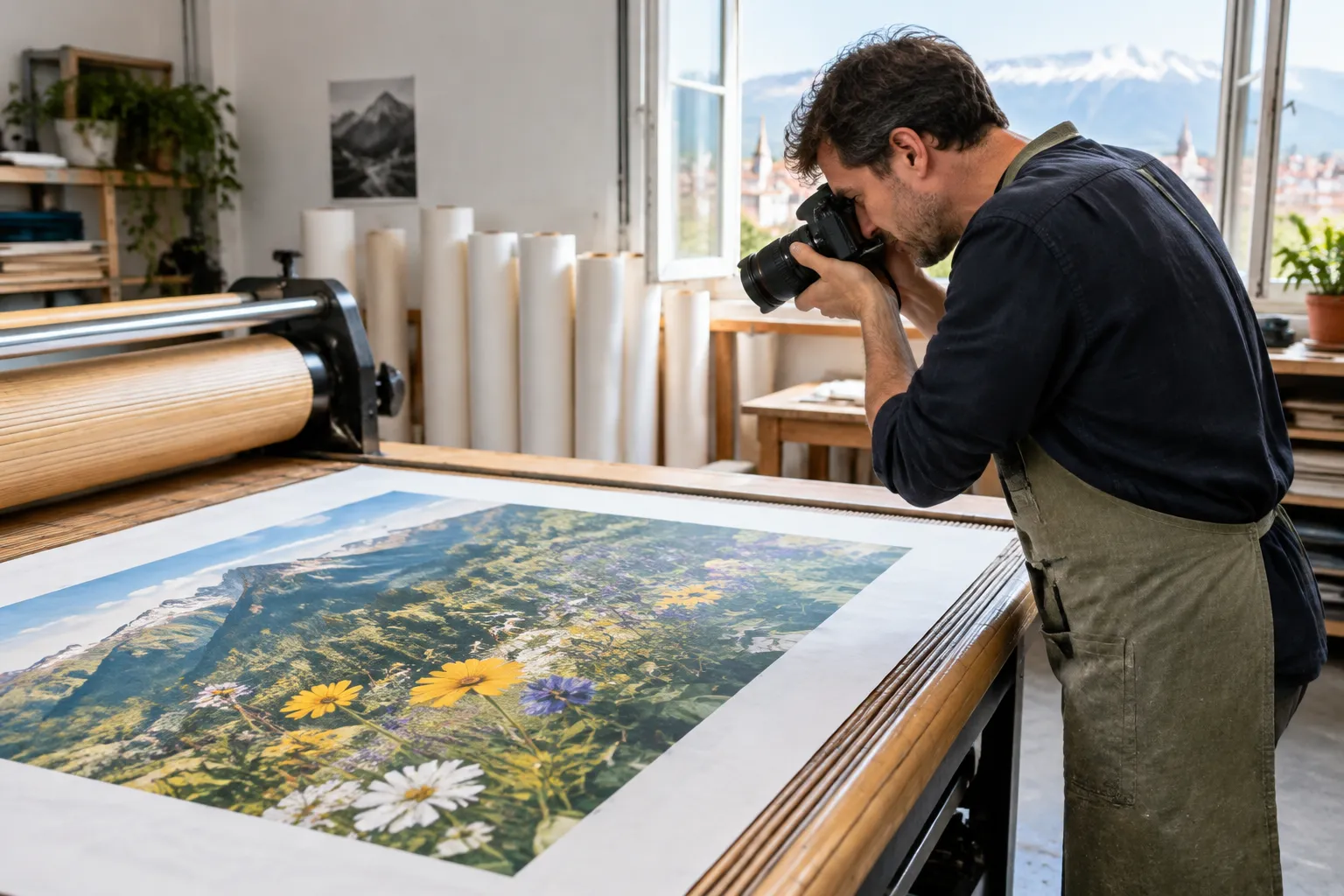 Photographe suisse photographiant un gros format imprimé sur papier FSC dans un atelier à lumière naturelle.