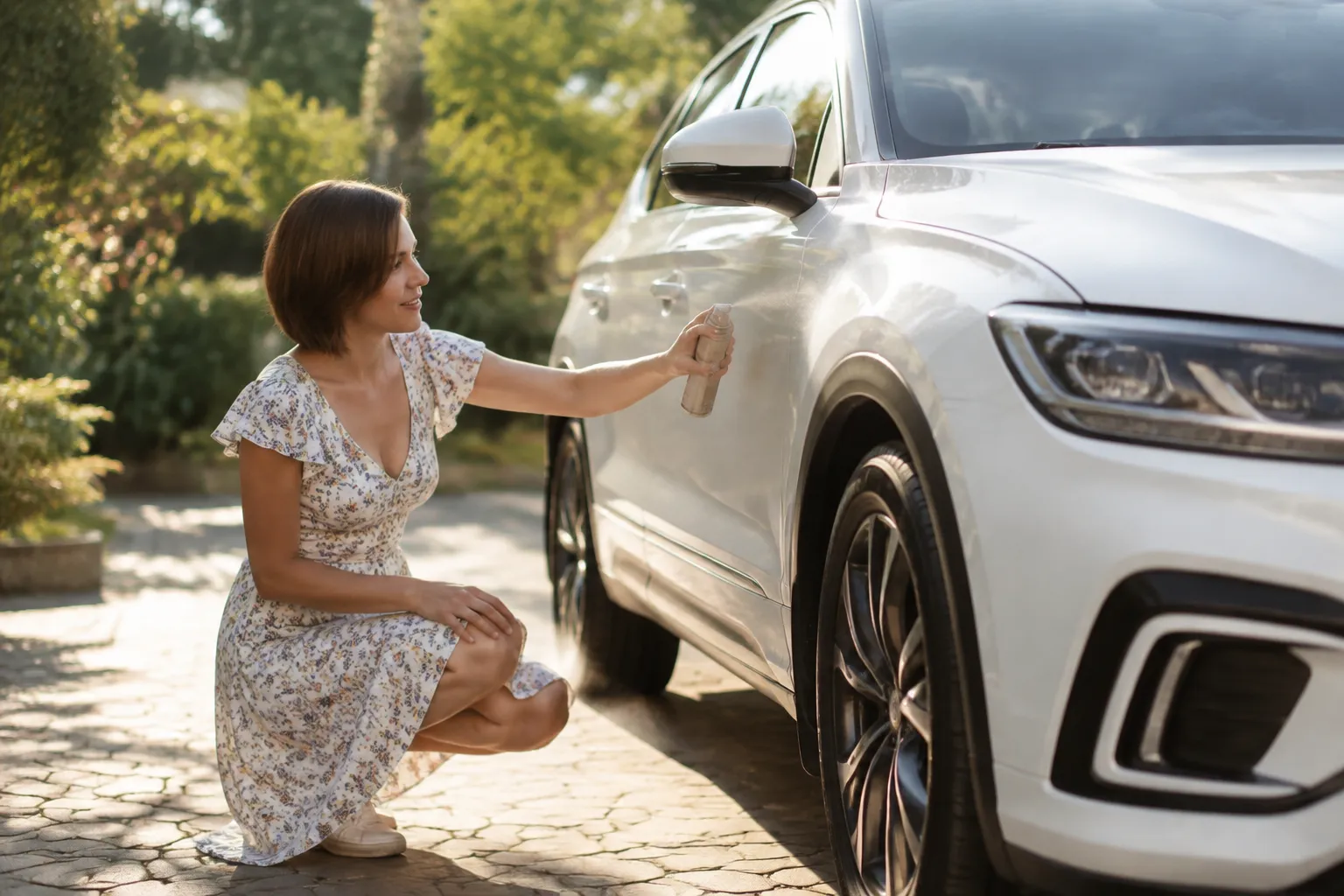 SUV blanc sous protection anti‑UV en plein jardin suisse, maman appliquant le spray.