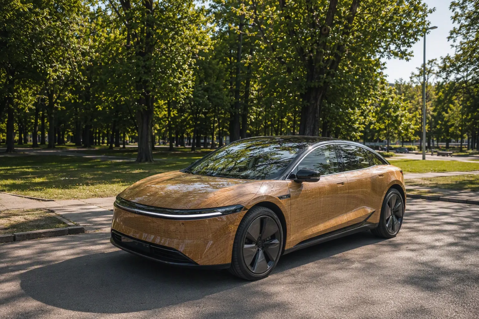 Voiture électrique aux panneaux bambou PET, garée dans un parc verdoyant, symbolisant l’éco-construction automobile.