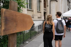 Signalétique temporaire en bois à Lausanne guidant les visiteurs d'un festival de musique.
