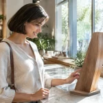 Cliente examinant une signalétique intérieure en bois au magasin.