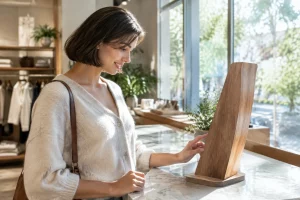 Cliente examinant une signalétique intérieure en bois au magasin.