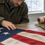 Main portant une veste de travail robuste, ajustant les coutures d’un drapeau en laine avec des outils de broderie à côté.
