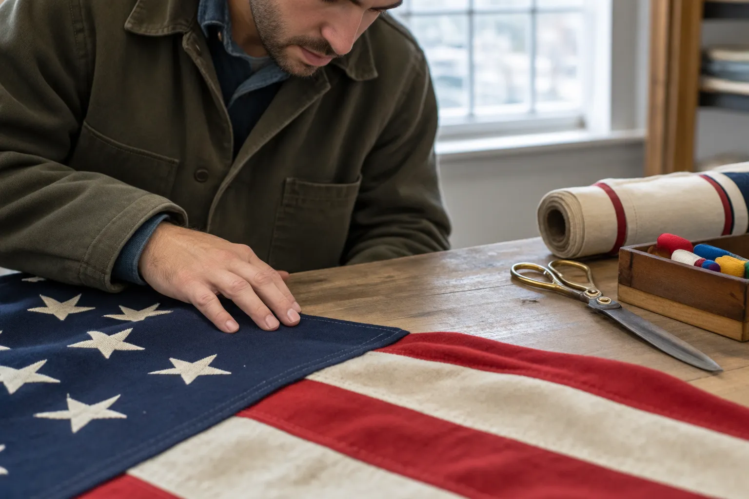 Main portant une veste de travail robuste, ajustant les coutures d’un drapeau en laine avec des outils de broderie à côté.
