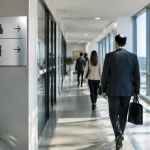 Couloir d’entreprise avec panneau de signalétique directionnelle intérieure en aluminium.