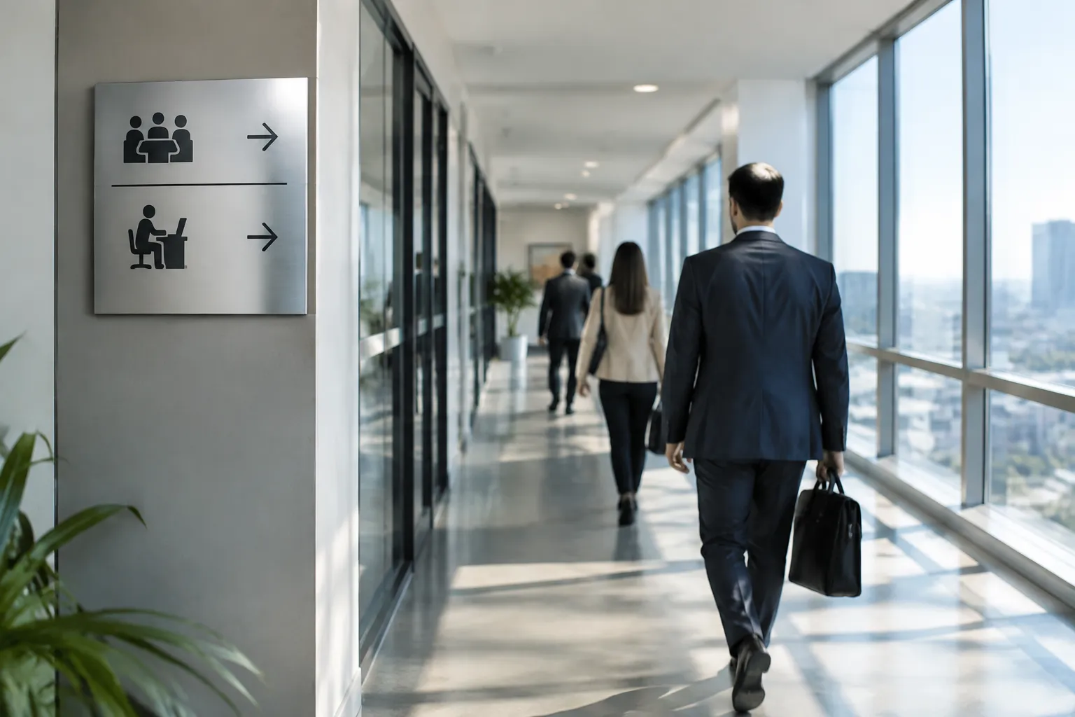 Couloir d’entreprise avec panneau de signalétique directionnelle intérieure en aluminium.