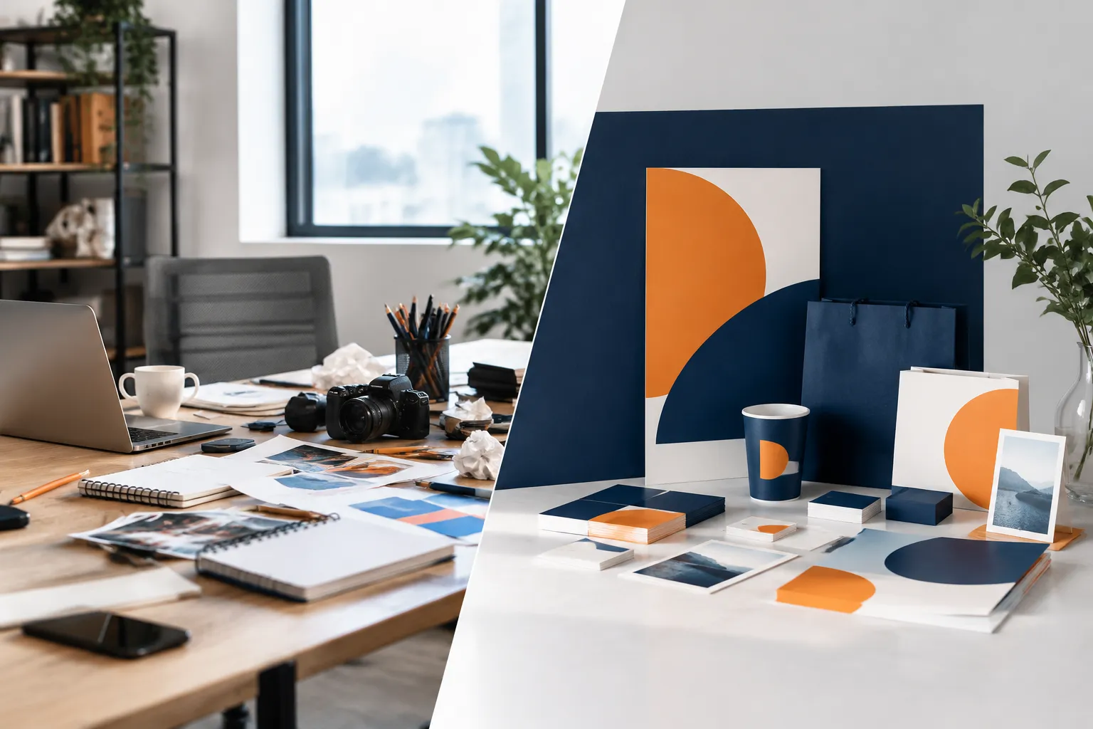 Bureau de travail créatif avec ordinateur portable, caméras, articles de papeterie et éléments de design graphique.