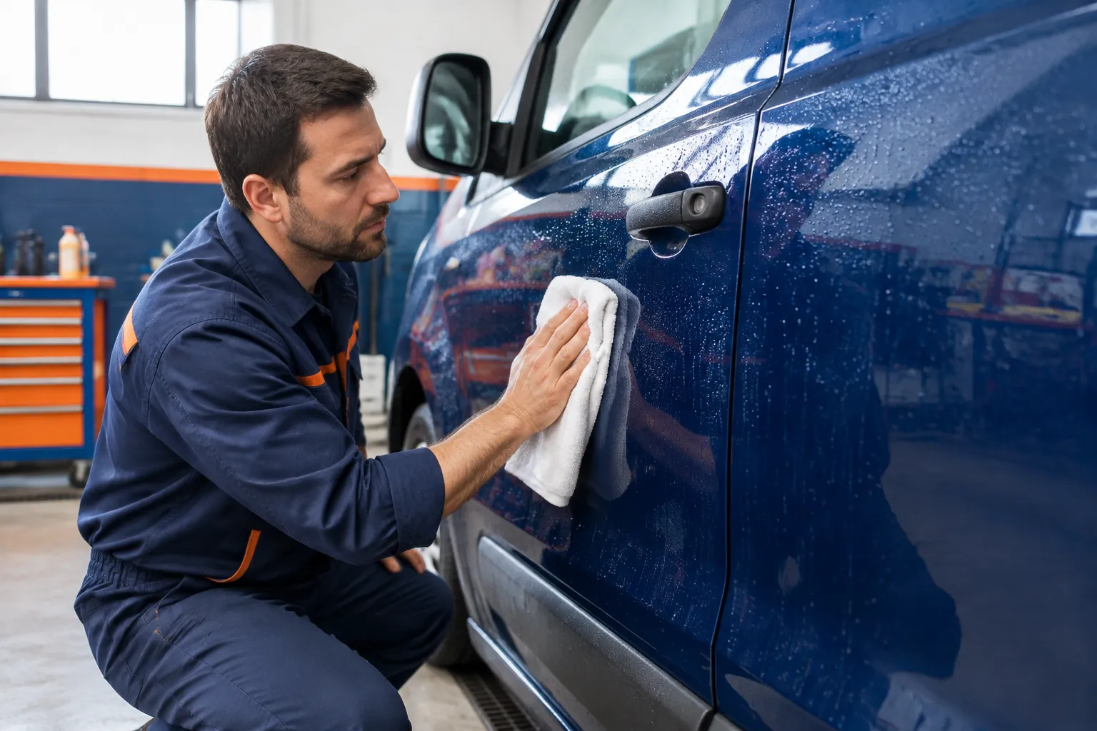 Mécanicien nettoyant une camionnette bleue avec un chiffon blanc