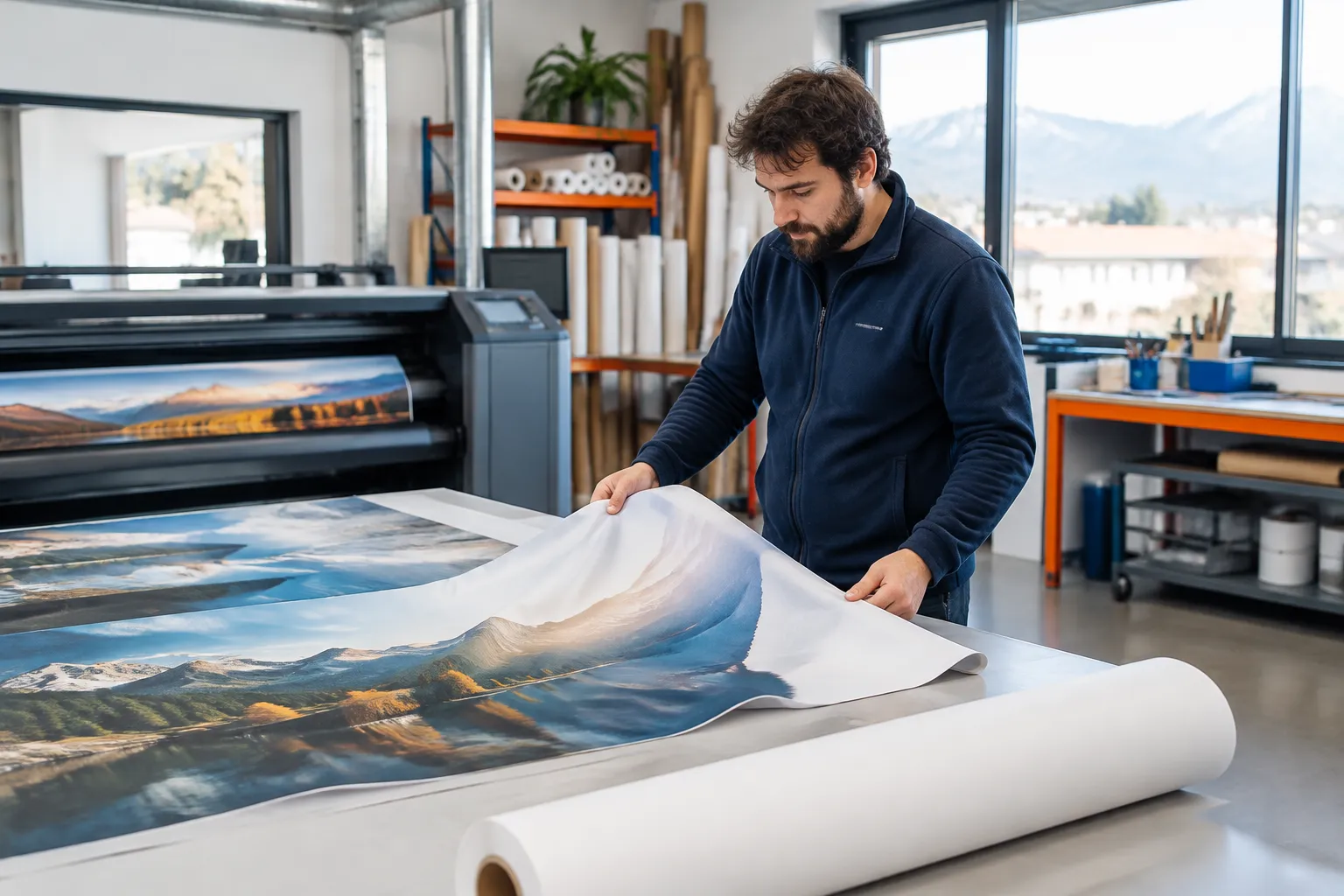 Homme manipulant une grande impression de paysage montagneux.