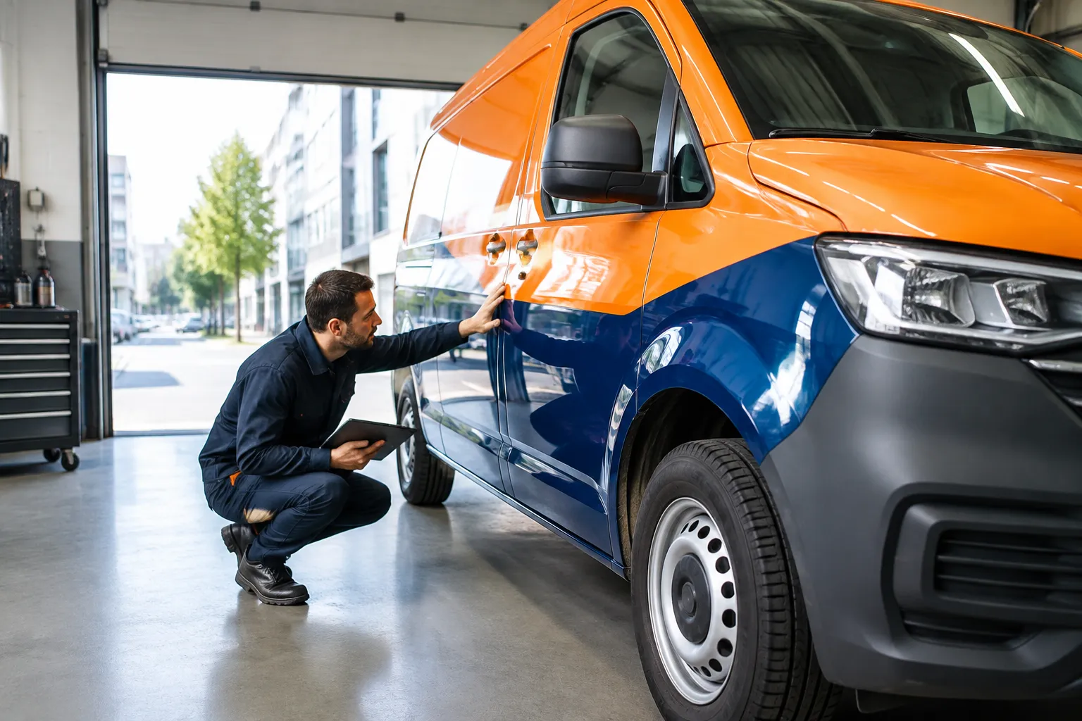 Mécanicien inspectant une camionnette orange et bleue au garage