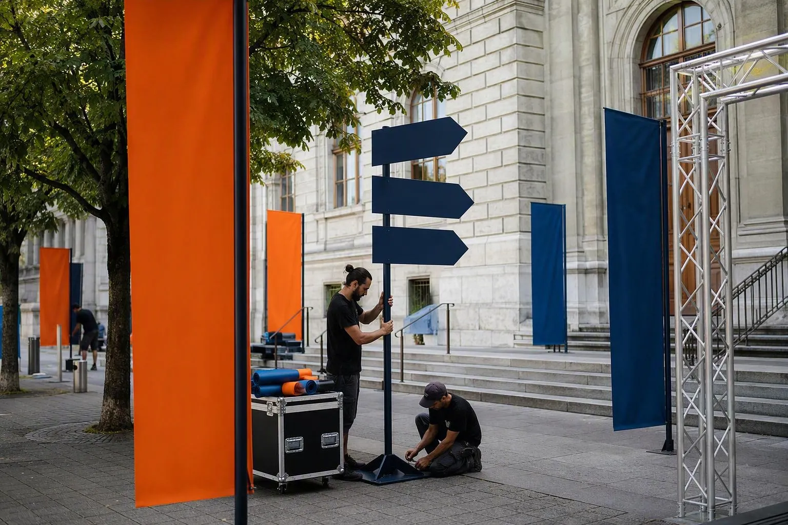 Installation de signalétique bleue et bannières orange devant bâtiment public