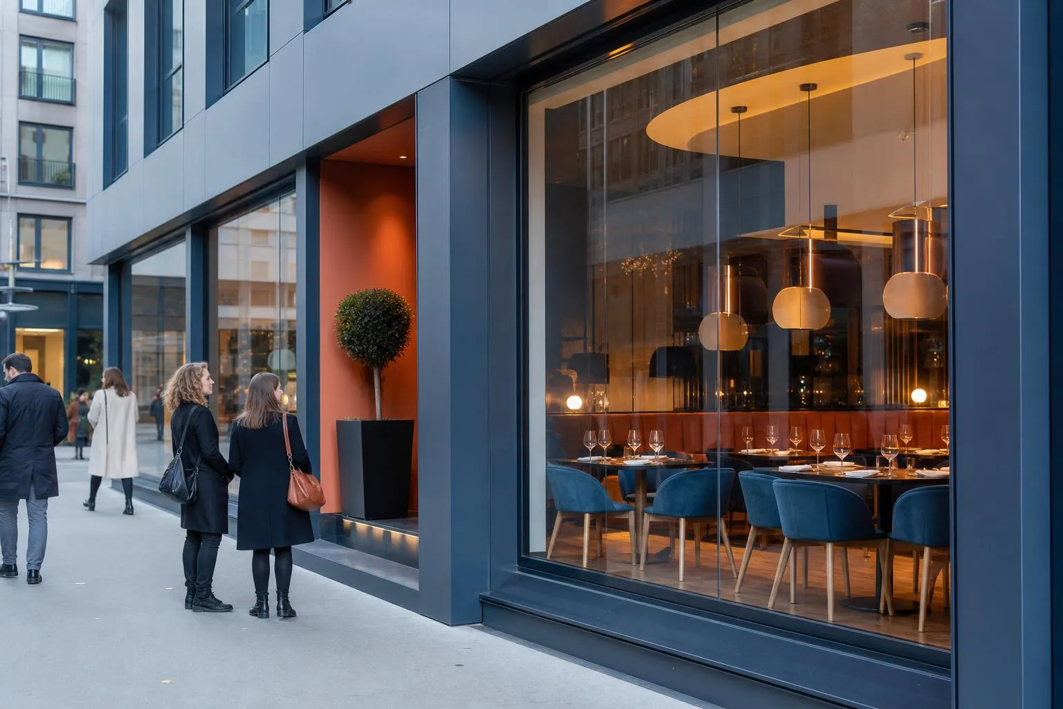 Restaurant élégant éclairé chaleureusement, visible depuis une rue urbaine