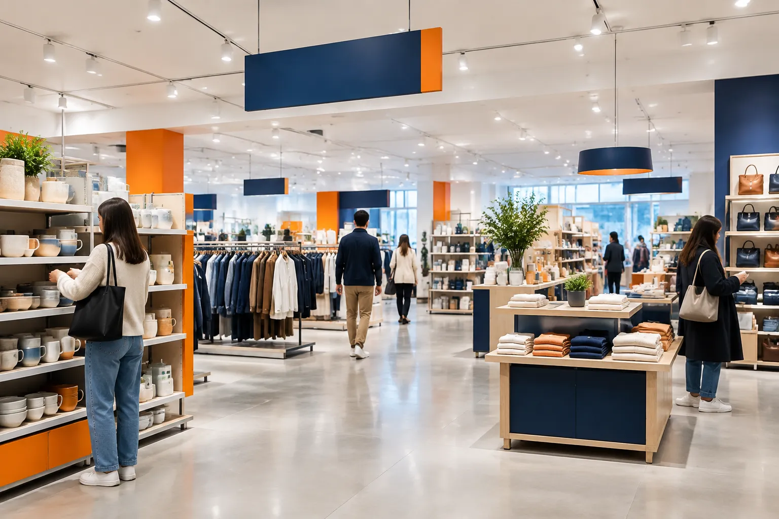 Grand magasin moderne avec clients, vêtements, vaisselle et linge.