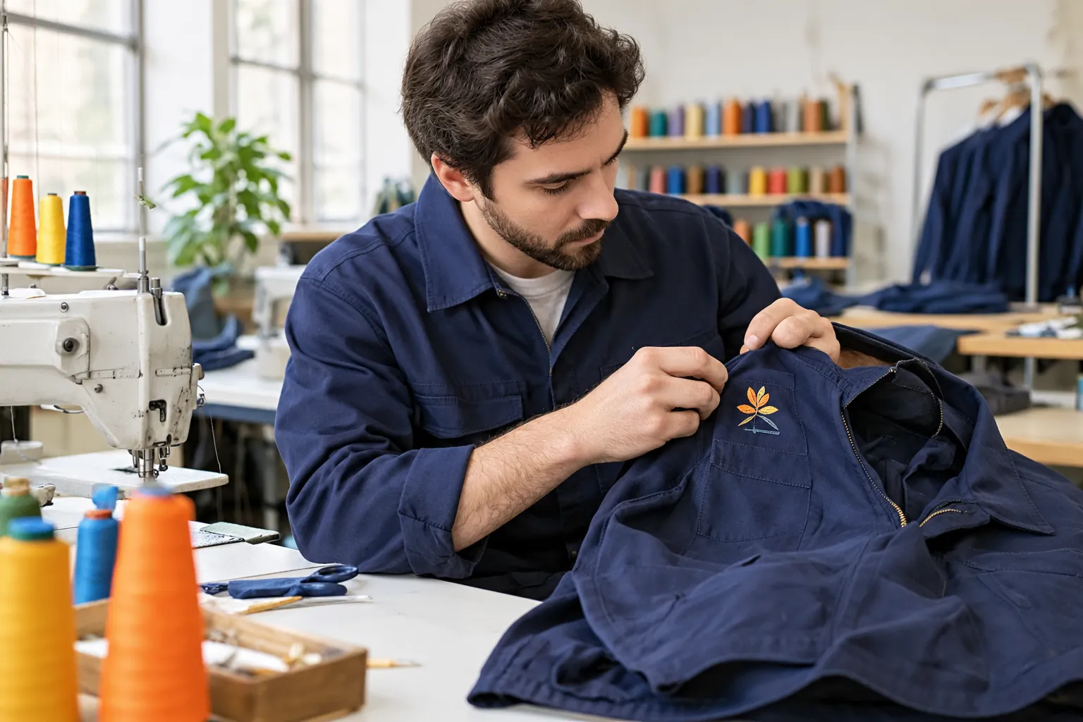 Tailleur inspectant une veste bleu marine dans son atelier.