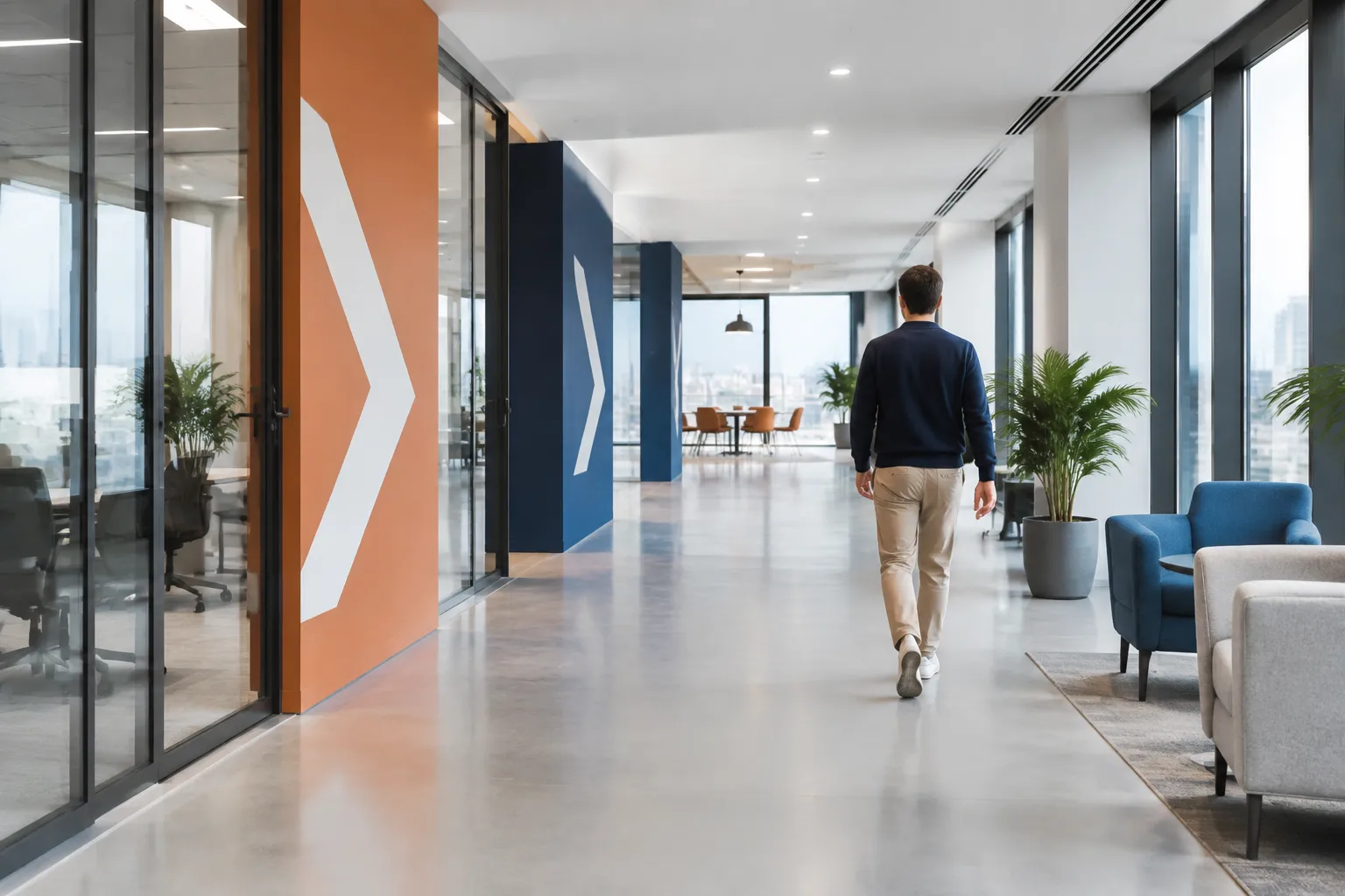 Homme marchant dans un couloir de bureaux modernes lumineux