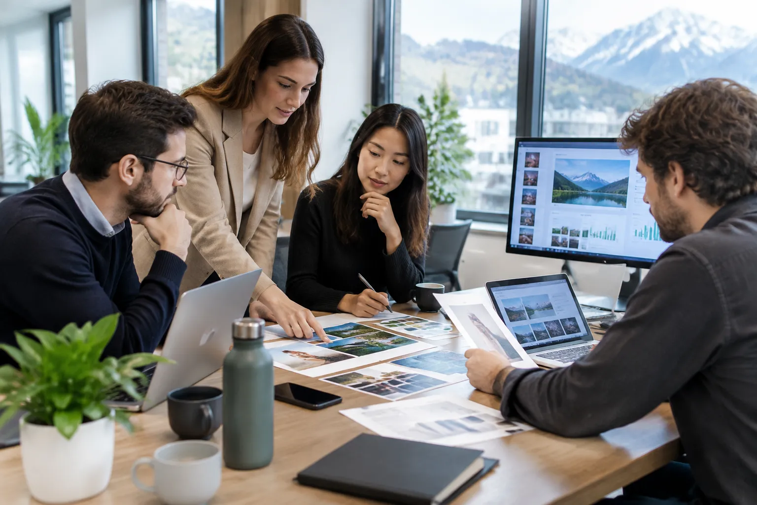 Équipe de professionnels examinant des photographies sur un bureau.