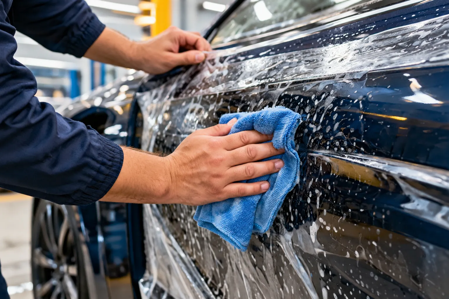 Pose d’un film protecteur automobile avec chiffon microfibre bleu