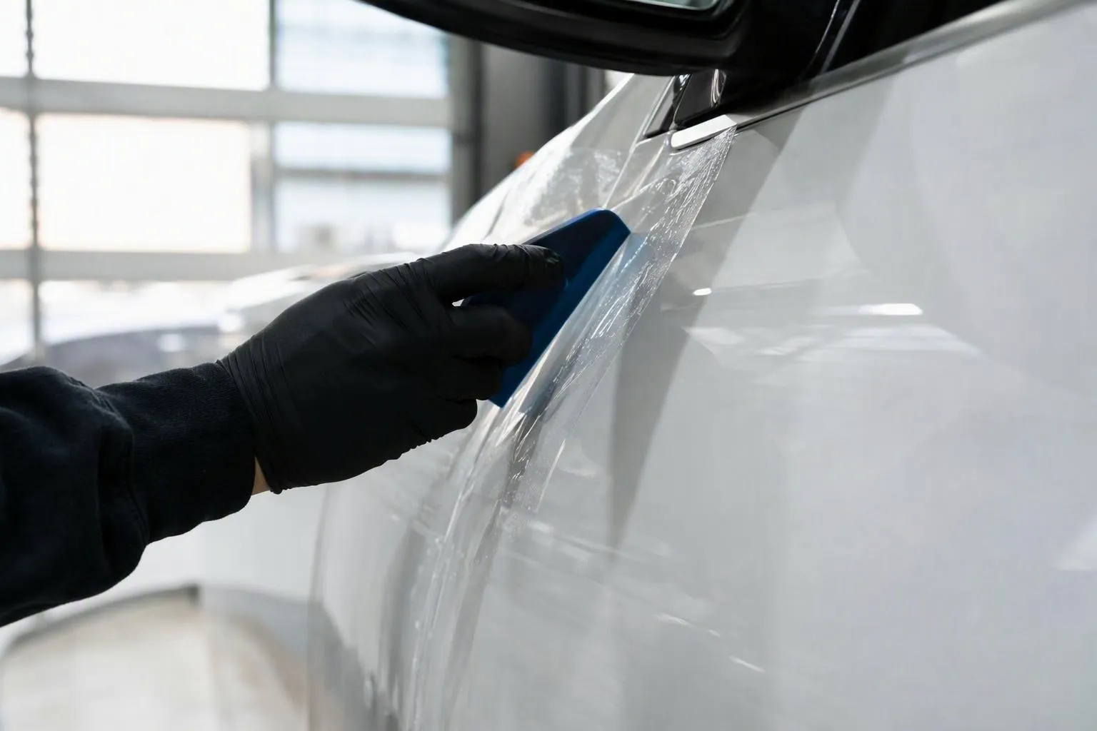 Main gantée appliquant un film protecteur sur voiture blanche