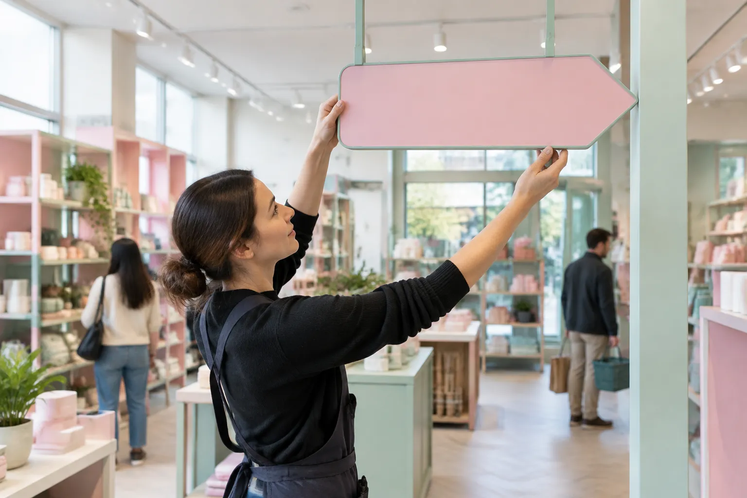 Employée installe une enseigne rose dans une boutique.