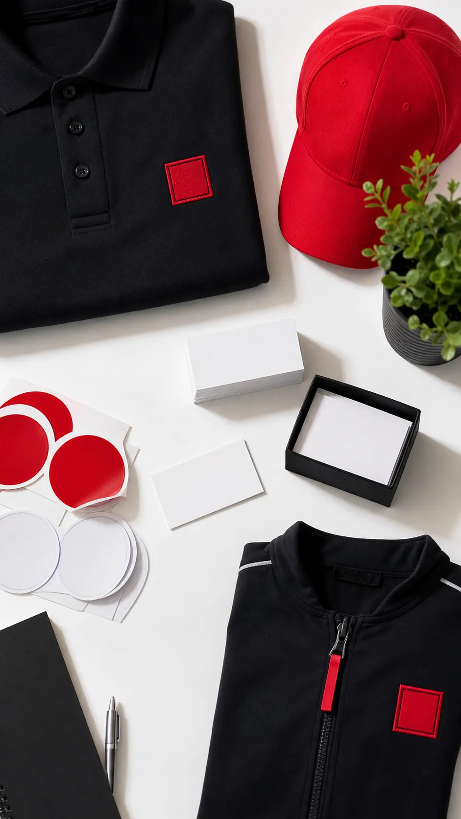 Vêtements et accessoires noirs et rouges sur fond blanc.