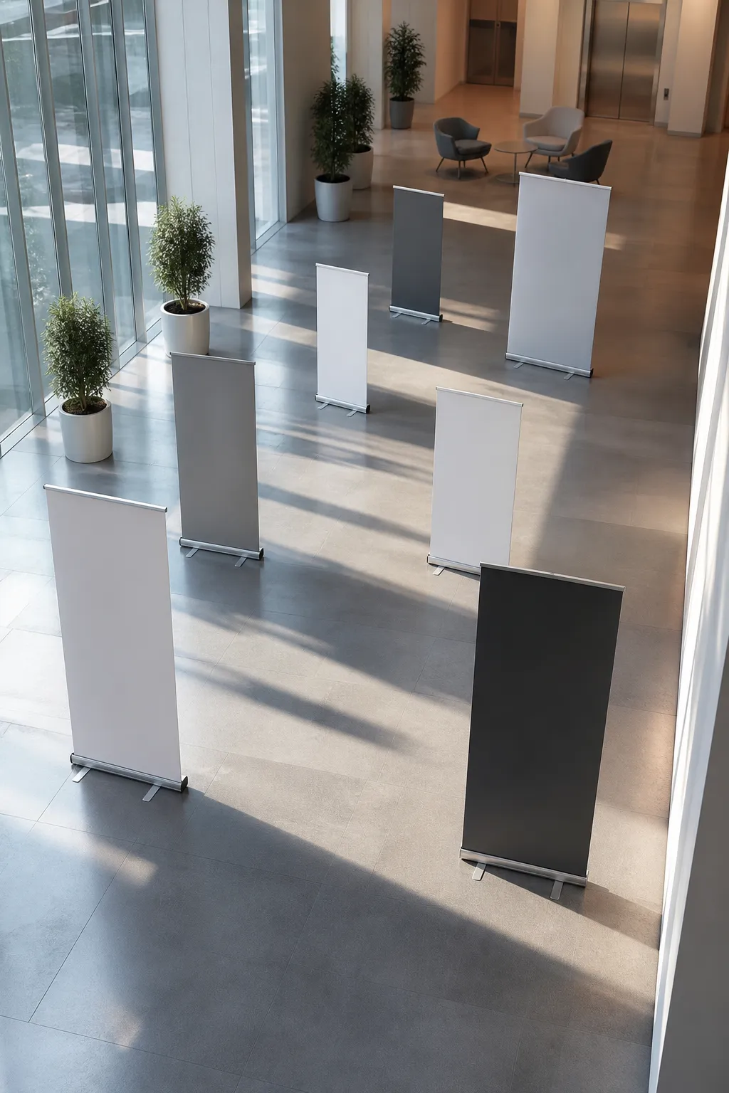 Mobilier de bureau moderne avec panneaux d'affichage dans un hall d'entrée.